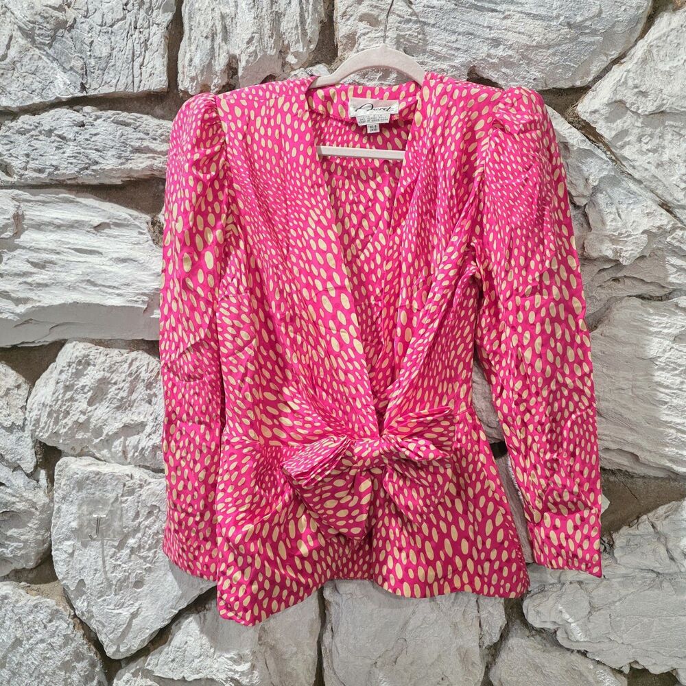 Vintage Polka Dot Pink Bow Puff Long Sleeve V Neck 100% Silk Top Blouse Womens 8